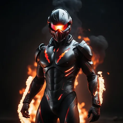 Prompt: a man with a futuristic pure black metal body suit, helmet with glowing red visor, using fire powers, dynamic pose, unreal engine 5, RTX, Epic, cinematic, full body, ultradetailed, hard light, 8K, ultra realism