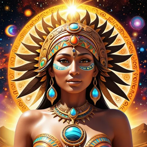 Prompt: Beautiful sun goddess standing under neath a swirling cosmic sun. Psychedelic. High quality and high detail. Realistic. Nature. Aztec patterned details. Golden. Prismatic. Infinite. Love. harmony. Peace. Facial detail. High quality facial detail. 