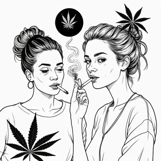 Prompt: Simple, modern black line drawing of two women, one with a messy bun, one with hair down, smoking joints, old-style microphone between them, white background, pot leaves, cannabis, marijuana, minimalist, clean lines, high contrast, monochrome, artistic, detailed facial features, modern style, artistic sketch, high quality