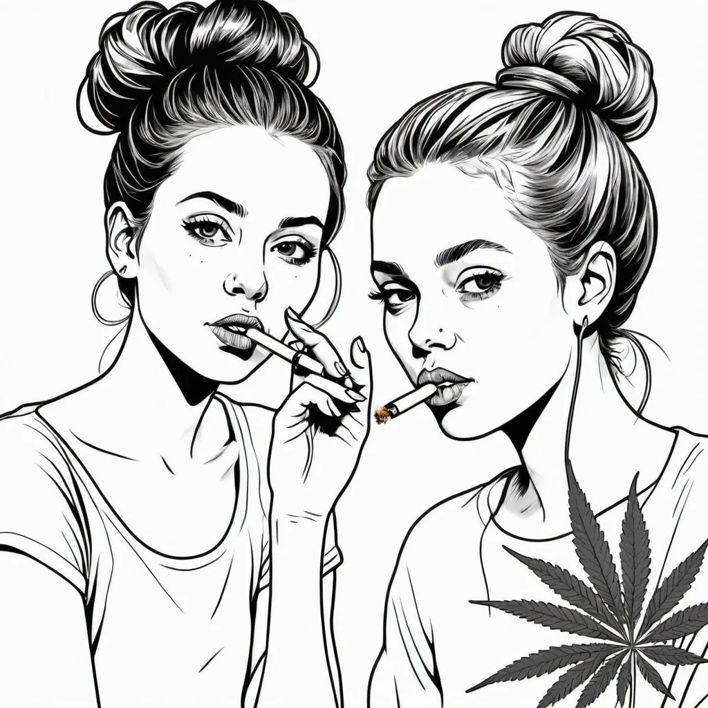 Prompt: Simple, modern black line drawing of two women, one with a messy bun, one with hair down, smoking joints, old-style microphone between them, white background, pot leaves, cannabis, marijuana, minimalist, clean lines, high contrast, monochrome, artistic, detailed facial features, modern style, artistic sketch, high quality