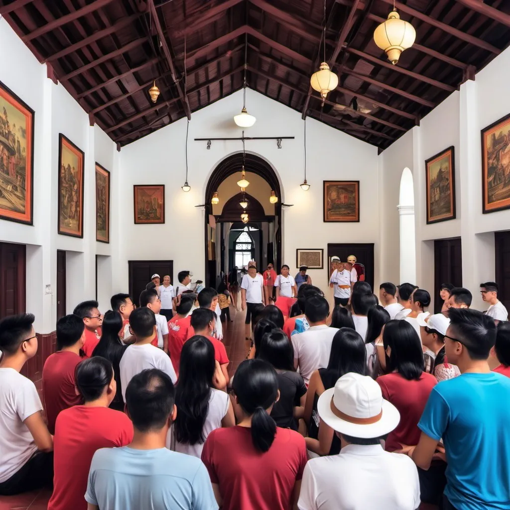 Prompt: a guide bring a tourist group and tell history about Melacca in an hall with chilling feel