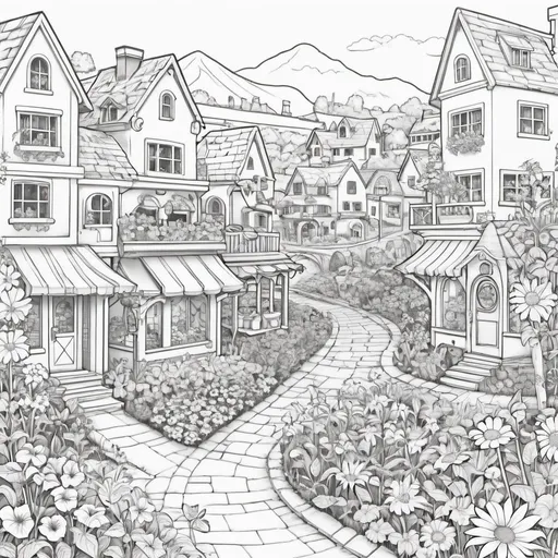 Prompt: town in the flower coloring page
