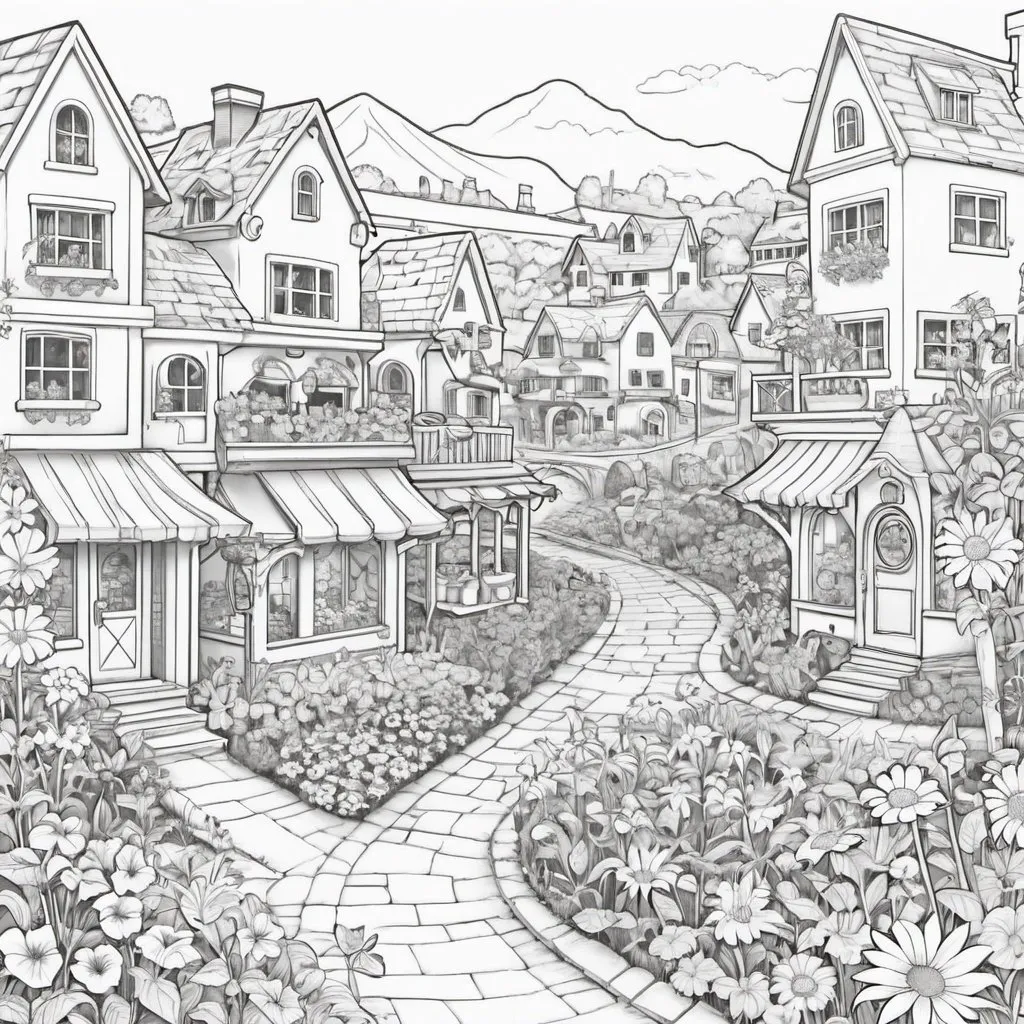 Prompt: town in the flower coloring page
