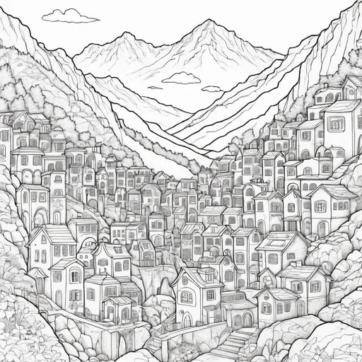 Prompt: City in the mountain coloring page
