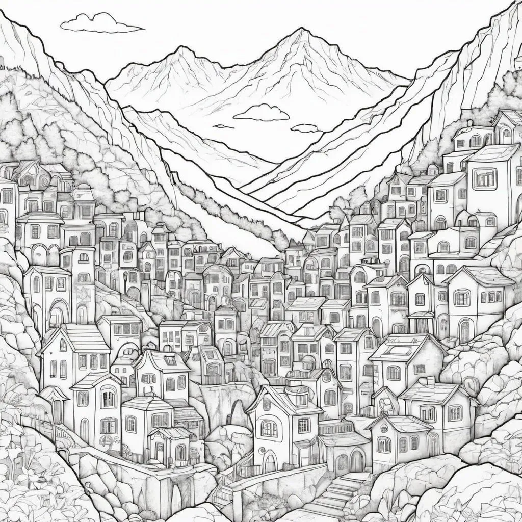 Prompt: City in the mountain coloring page
