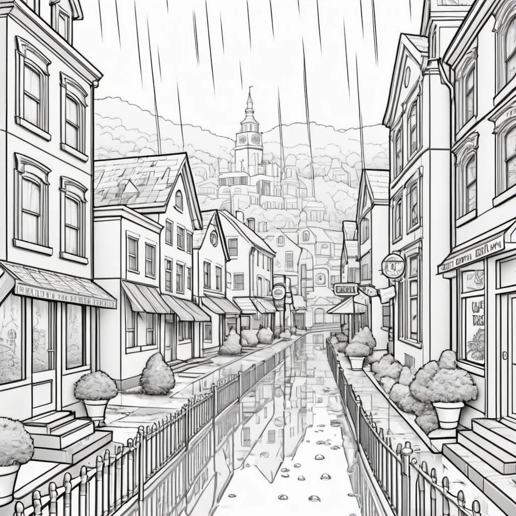 Prompt: town in rain coloring page
