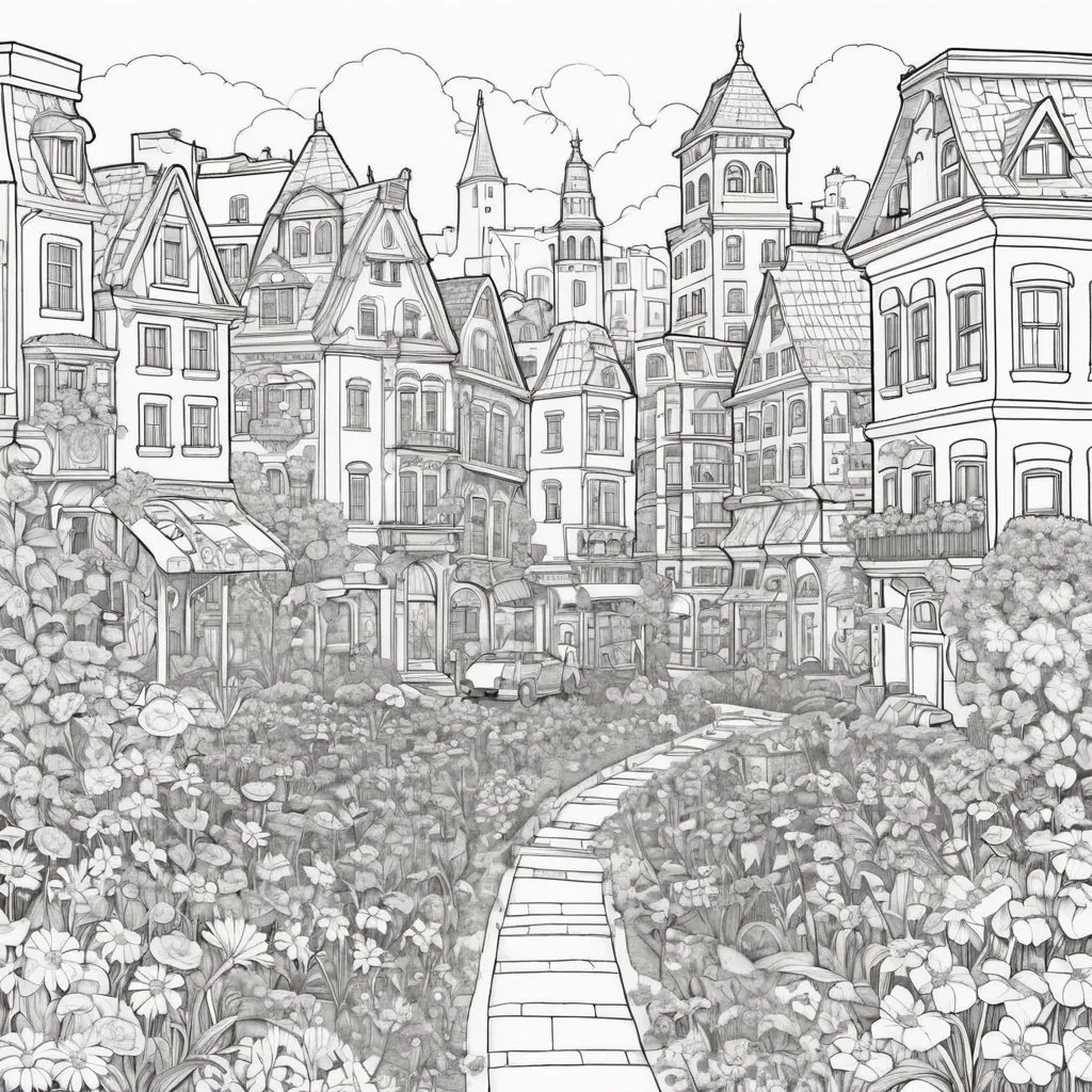 Prompt: City in the flower coloring page
