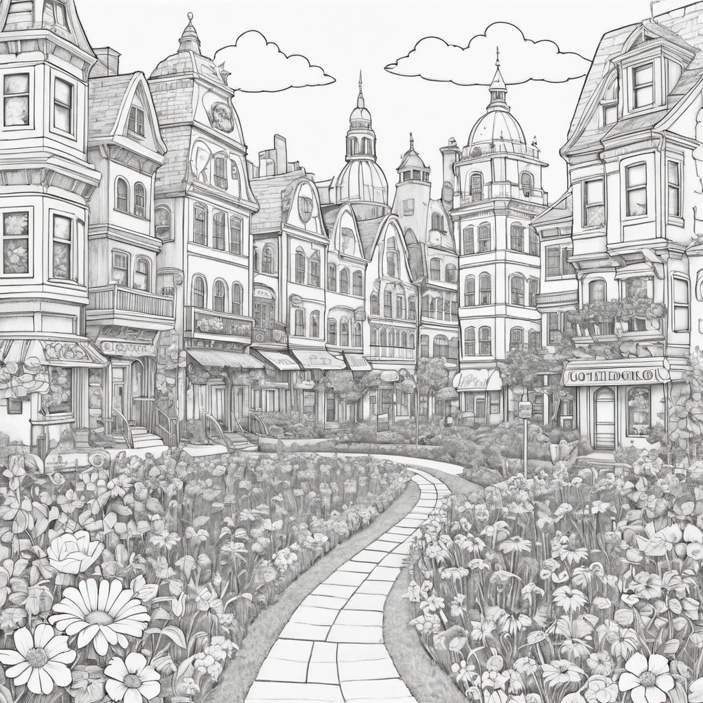 Prompt: City in the flower coloring page
