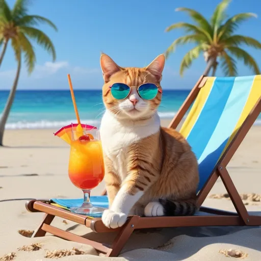 Prompt: (cat on beach vacation), tropical setting, vibrant colors, sunny and bright lighting, relaxed and cheerful atmosphere, sandy beach, palm trees, colorful beach umbrella, cat lounging on a beach chair with sunglasses, cocktail in a paw, serene blue ocean waves in the background, clear sky, playful and happy mood, ultra-detailed, high quality, 4K.