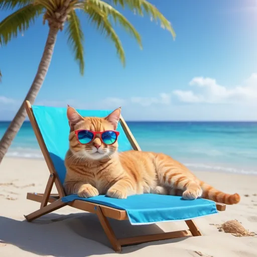 Prompt: (cat on beach vacation), tropical setting, vibrant colors, sunny and bright lighting, relaxed and cheerful atmosphere, sandy beach, palm trees, colorful beach umbrella, cat lounging on a beach chair with sunglasses, cocktail in a paw, serene blue ocean waves in the background, clear sky, playful and happy mood, ultra-detailed, high quality, 4K.