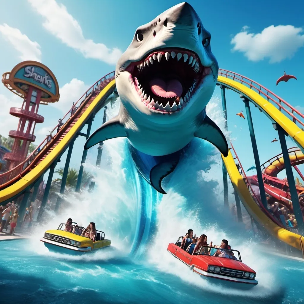 Prompt: A chaotic scene where sharks have taken over a theme park, riding the rollercoaster, and swimming through the air around it. The rollercoaster is partially submerged in water, with splashes and waves crashing as the sharks zoom by.