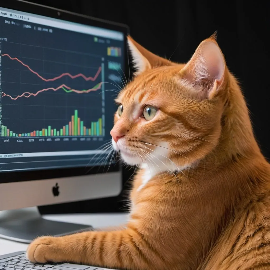 Prompt: Curious red tabby cat looking at a computer screen showing data charts