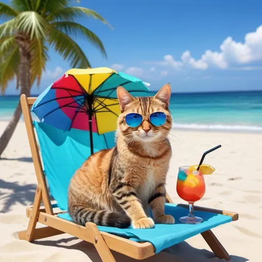 Prompt: (cat on beach vacation), tropical setting, vibrant colors, sunny and bright lighting, relaxed and cheerful atmosphere, sandy beach, palm trees, colorful beach umbrella, cat lounging on a beach chair with sunglasses, cocktail in a paw, serene blue ocean waves in the background, clear sky, playful and happy mood, ultra-detailed, high quality, 4K.