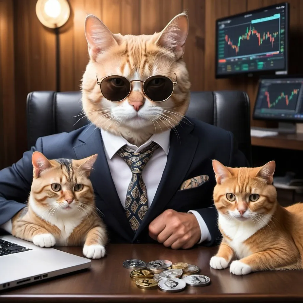 Prompt: Different cats trading crypto with style.