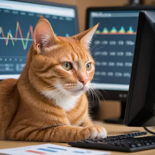 Prompt: Curious red tabby cat looking at a computer screen showing data charts