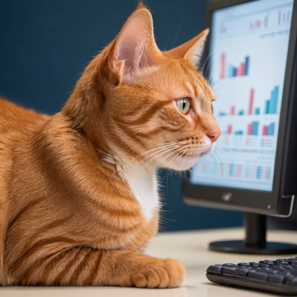 Prompt: Curious red tabby cat looking at a computer screen showing data charts