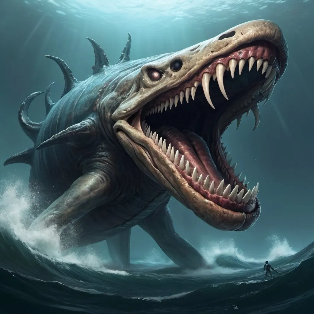 Prompt: Humanoid sea creature with giant maw.