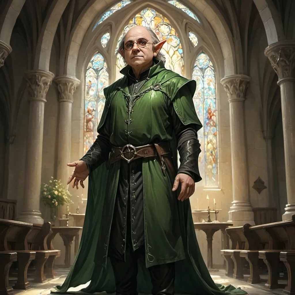 Prompt: An elf male cleric, who looks like Danny Devito. He wears long flowing vestements and is backlit by divine light from the sky. He stands in a chapel. Gothic Art Style. Drawn Art Style. Divine Art Style.