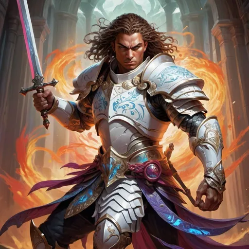 Prompt: Magic the Gathering style artwork of a fierce male warrior, wielding a sword, determined expression, detailed white armor with intricate designs, powerful stance, vibrant and bold colors, high quality, fantasy, warrior, determined expression, detailed armor, vibrant colors, Magic the Gathering style, powerful stance, highres, ultra-detailed, fantasy art, white armor. Full body