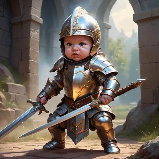 Prompt: Medieval baby warrior, magical sword, intense battle stance, intricate armor details, high quality, Magic the Gathering art style, vibrant colors, dramatic lighting, detailed facial expression, fantasy landscape, professional artwork, zoom out, with helmet