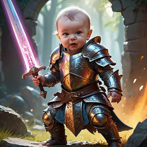 Prompt: Medieval baby warrior, magical sword, intense battle stance, intricate armor details, high quality, Magic the Gathering art style, vibrant colors, dramatic lighting, detailed facial expression, fantasy landscape, professional artwork