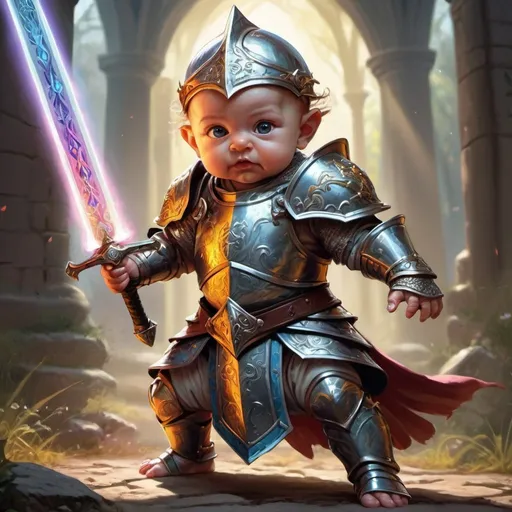 Prompt: Medieval baby human warrior, magical sword, intense battle stance, intricate armor details, high quality, Magic the Gathering art style, vibrant colors, dramatic lighting, detailed facial expression, mythical creature companion, fantasy landscape, professional artwork