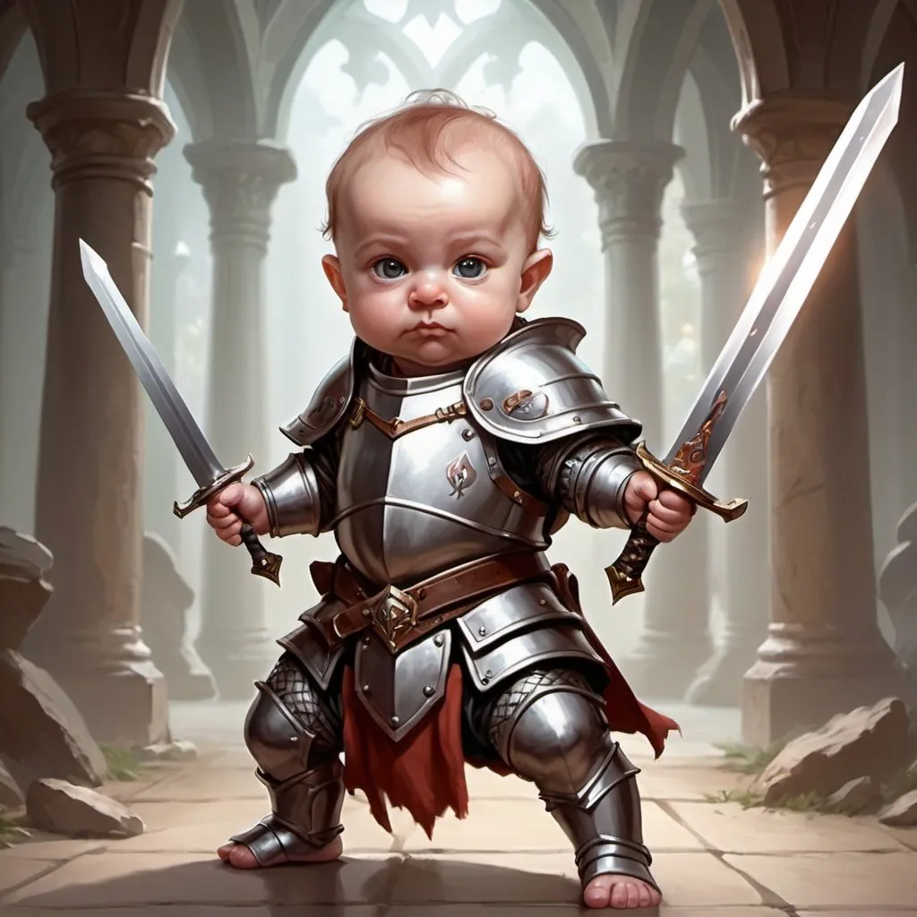 Prompt: A medival baby warrior with a sword ready to fight in a Magic the gathering art style