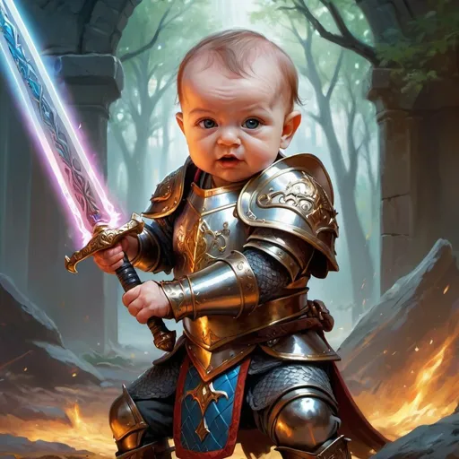 Prompt: Medieval baby warrior, magical sword, intense battle stance, intricate armor details, high quality, Magic the Gathering art style, vibrant colors, dramatic lighting, detailed facial expression, fantasy landscape, professional artwork