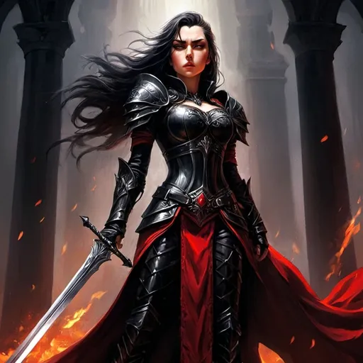 Prompt: (central content: woman with massive sword), (black and red outfit), red flame backdrop, detailed (epic fantasy character), dramatic lighting, (Anne Stokes inspiration), high intensity, intricate details, powerful stance, intense expression, fantasy art quality, character portrait style, (ultra-detailed), captivating atmosphere, vibrant colors, dark and mystical ambiance. Black metal armor red cloth