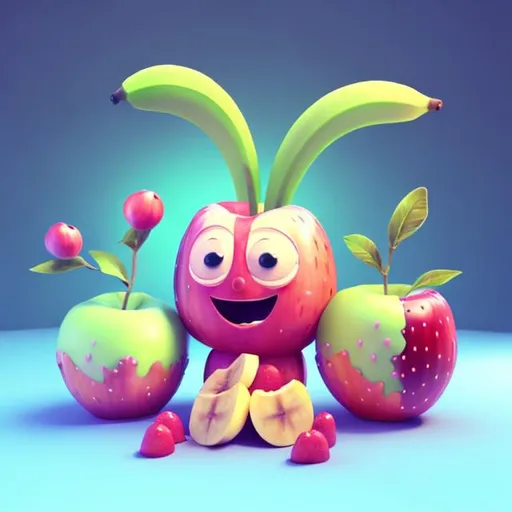 Prompt: cute apple with banana with fairy wings. 3d polymer blender, 3d pixar, pop surrealism, soft pastel colours