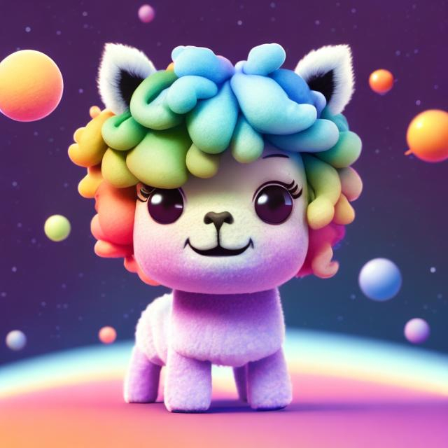 Prompt: tiny cute rainbow alpaca, in space. 3d pixar blender, pop surrealism, modular constructivism, polycount, soft pastel colours, skottie young
