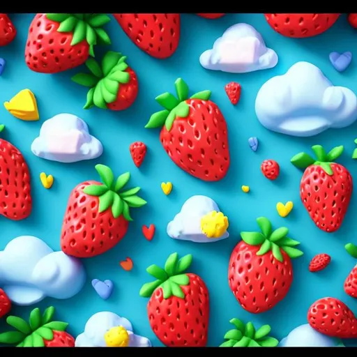 Prompt:  cute happy strawberry friends in the sky. 3d polymer blend, 3d pixar