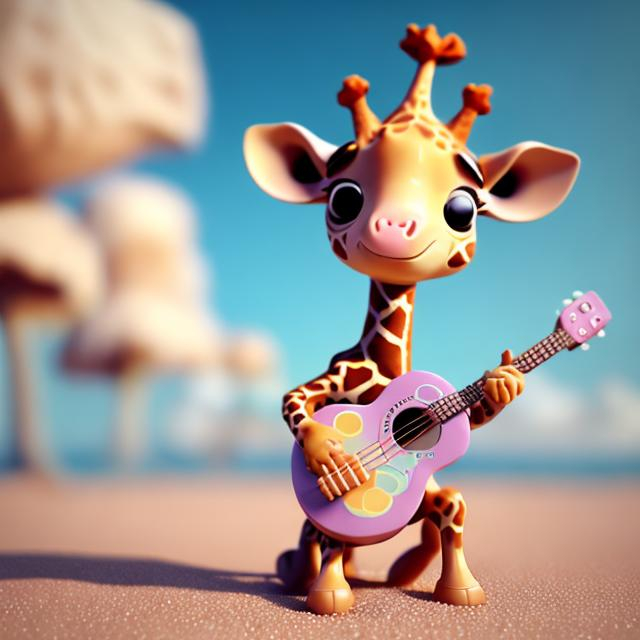 Prompt: tiny cute giraffe playing ukelele, on the beach with a blue sky. 3d blender render, pop surrealism, modular constructivism, polycount, soft pastel colours, skottie young
