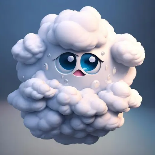 Prompt: crying fluffy cloud with 2 eyes raining tears in the sky. 3d polymer blend.