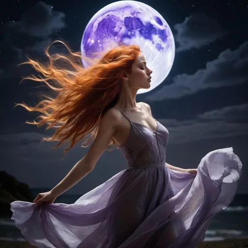 Prompt: A solitary red-haired woman is dancing gracefully under a large, full moon that bathes the scene in a soft, ethereal light. Her long, flowing red hair catches the moonlight, giving it a fiery, almost otherworldly glow. Her movements are both delicate and intense, capturing the raw emotion of love, pain, and desire. The expression on her face shows a mix of longing and sorrow, as if she’s caught between passion and heartache. Shadows of self-doubt swirl around her in the form of dark, indistinct figures or shapes, subtly encroaching on her space but never fully reaching her. The background is a mix of deep blues and purples, with stars faintly twinkling, adding to the mystical atmosphere. The ground beneath her is soft, almost cloud-like, giving her dance an ethereal, dreamlike quality.

Make her with dark redhead, and two strain of hair blond in the front. Add more pain