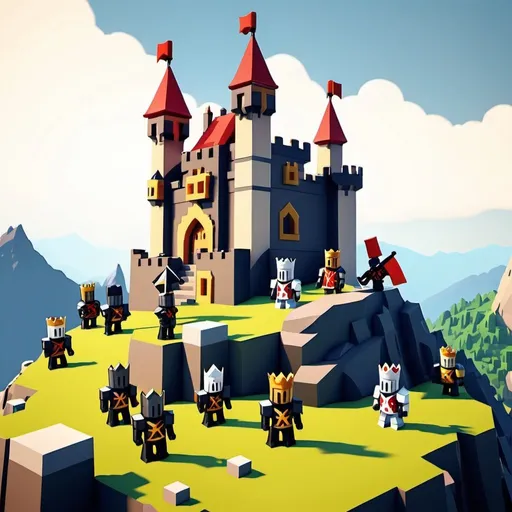 Prompt: Mini Monarchs (Medieval, blocky characters like roblox, castle in the background on top of a mountain, simple colors, 3D 