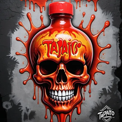 Prompt: Tapatio brand hot sauce graffiti art pouring on skull