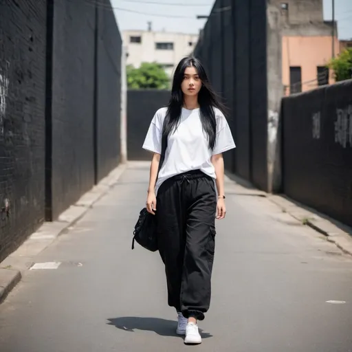 Prompt: A young woman full body shot with black long straight hair wearing an oversized white t shirt and black baggy pants walking down the street with urban city walls as background