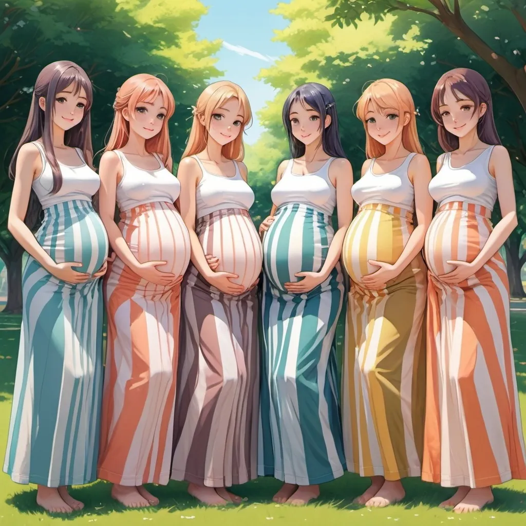 Prompt: Multiple pregnant anime girls wearing maxi long vertical striped skirts that are the same in colors. The anime girls look exactly the same and are lined-up.