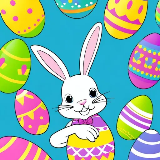 Prompt: illustrate an easter bunny painting eggs. Easy Kids illustration for kids ages 5 to 6 years old. vivid color,  thick lines, minimalistic, png --ar 8:11
