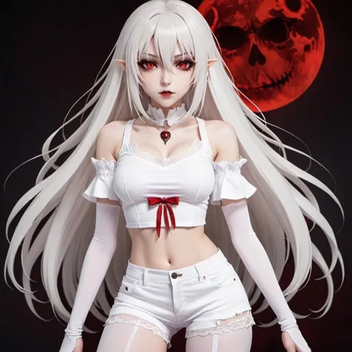 Prompt: Vampire anime girl with long white hair red eyes and a white crop top with white shorts and white stockings