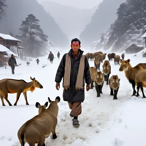 Prompt: nepalese man with height of 10 feet walking in the snow with numbers of wild animals surround him