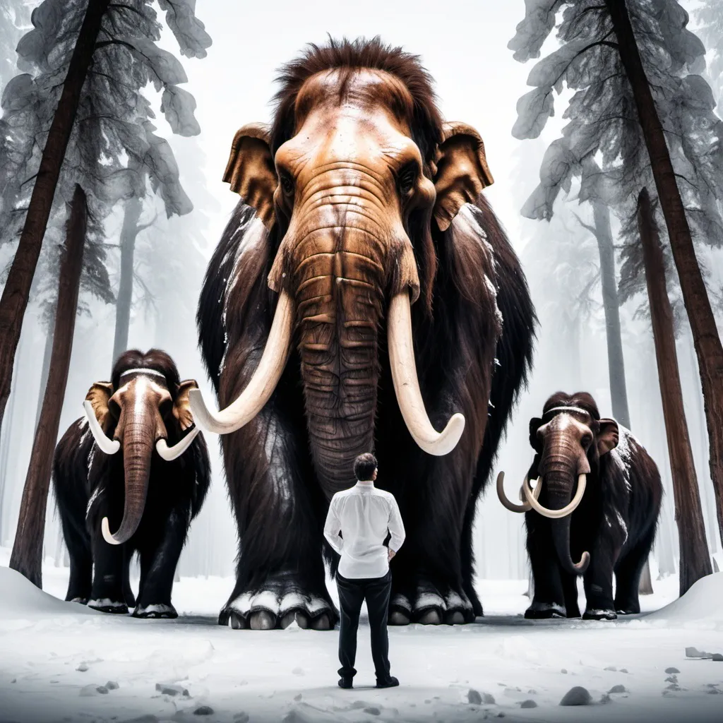 Prompt: a man standing in between two mammoth like a king