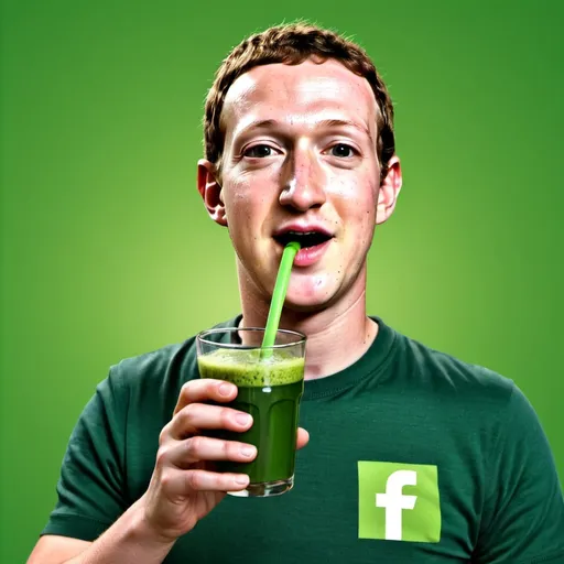 Prompt: Image of Mark Zuckerberg drinking and promoting barley grass. High quality and realistic 