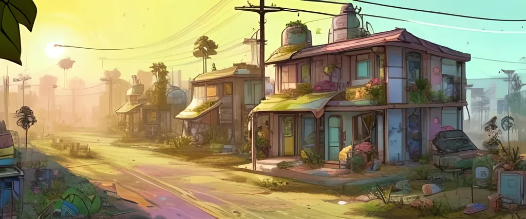 Prompt: solarpunk houses, lots of plants, postapocalyptic racoon town, happy and colourfull ambient
