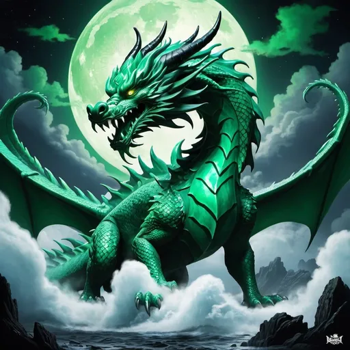 Prompt: the jade dragon, solo, no humans, cloud, claw, seaway, Night, Horror color, masterpiece, best quality,