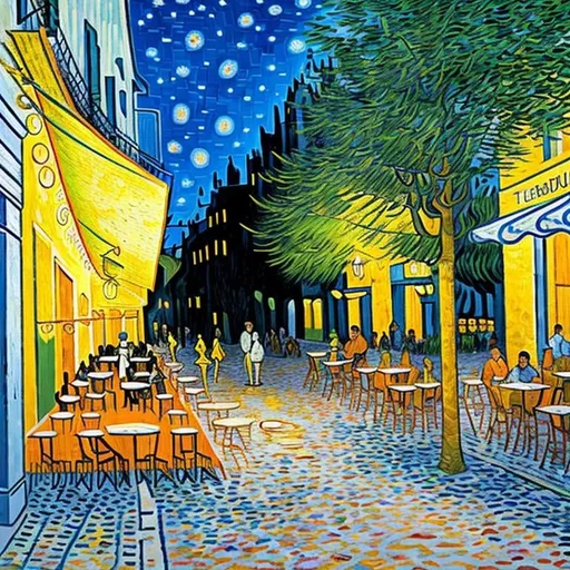 Prompt: Terrasse du café le soir, Place du forum, Arles ,  Style Flora Bowley and Vincent van Gogh,8k, dynamic lighting, ultra detailed 