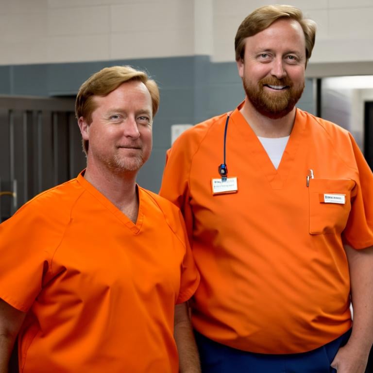 Prompt: King willem alexander with beard in prison wearing orange scrubs prison uniform 