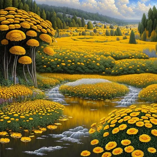 Prompt: Striking Yellow and Gray landscape with Marigold Flowers. extreme details, highly detailed, extremely detailed, beautiful, high detail, ultra detailed, high definition, hdr, acrylic art, intricate details, Jacek Yerka