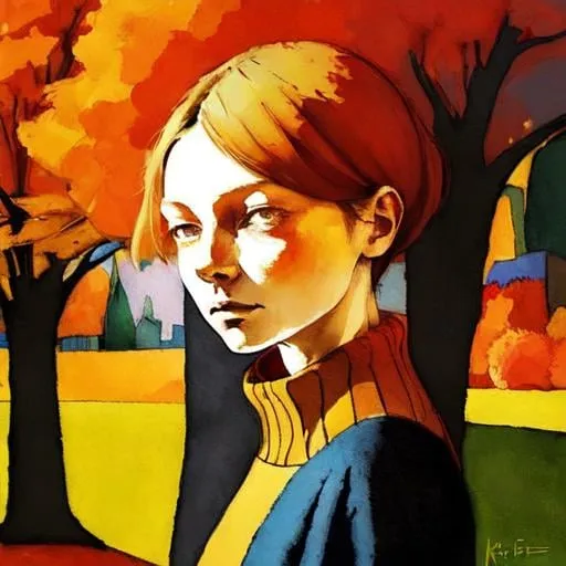 Prompt: Colors of autumn by my house; style of Klee and Dee Nickerson. sharp focus elegant intricate details sensuality poster high definition crisp quality matte background Klee Art Matisse Art balanced composition Dee Nickerson (giclée) complex hyper-detailed